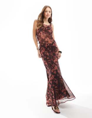 ASOS DESIGN chiffon asymmetric cami top and maxi skirt set in blurred ...