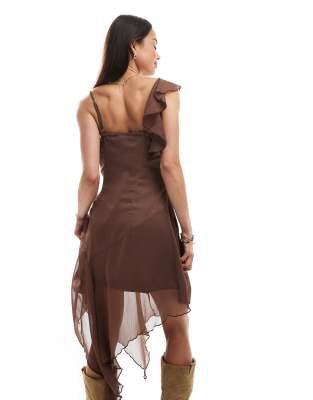 Asos Design Chiffon Asymmetric Hem Midi Dress In Brown