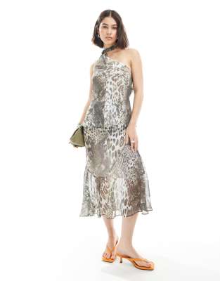 Asos Design Chiffon Asymmetric Hem Midi Skirt In Animal Print