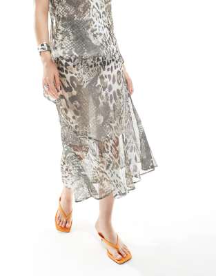 Asos Design Chiffon Asymmetric Hem Midi Skirt In Animal Print