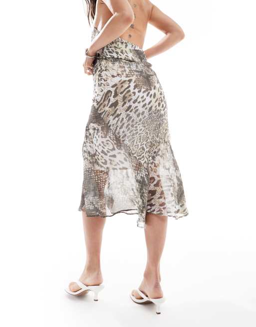 ASOS DESIGN chiffon asymmetric hem midi skirt in animal print