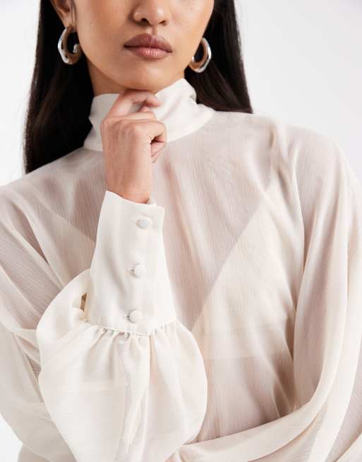 ASOS DESIGN chiffon batwing high neck blouse in cream, 4 of 4