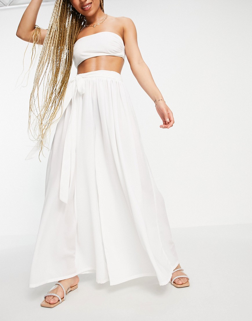 ASOS DESIGN chiffon belted wide leg beach pants in white - part of a set