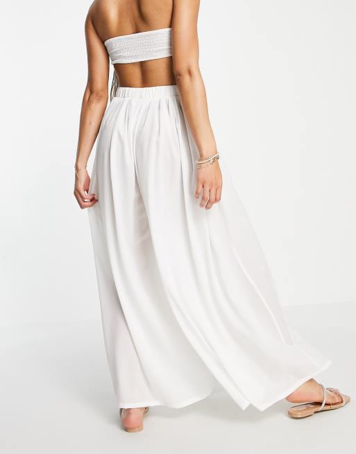 ASOS DESIGN chiffon belted wide leg beach pants in white - part of a set