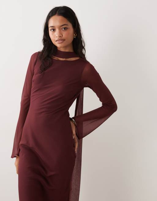 ASOS DESIGN chiffon bias cut maxi dress with matching scarf in plum, 2 of 4