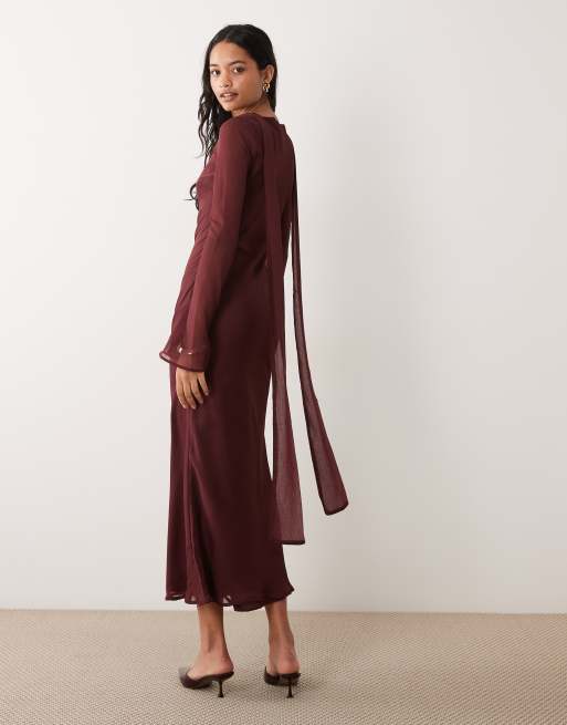ASOS DESIGN chiffon bias cut maxi dress with matching scarf in plum, 3 of 4