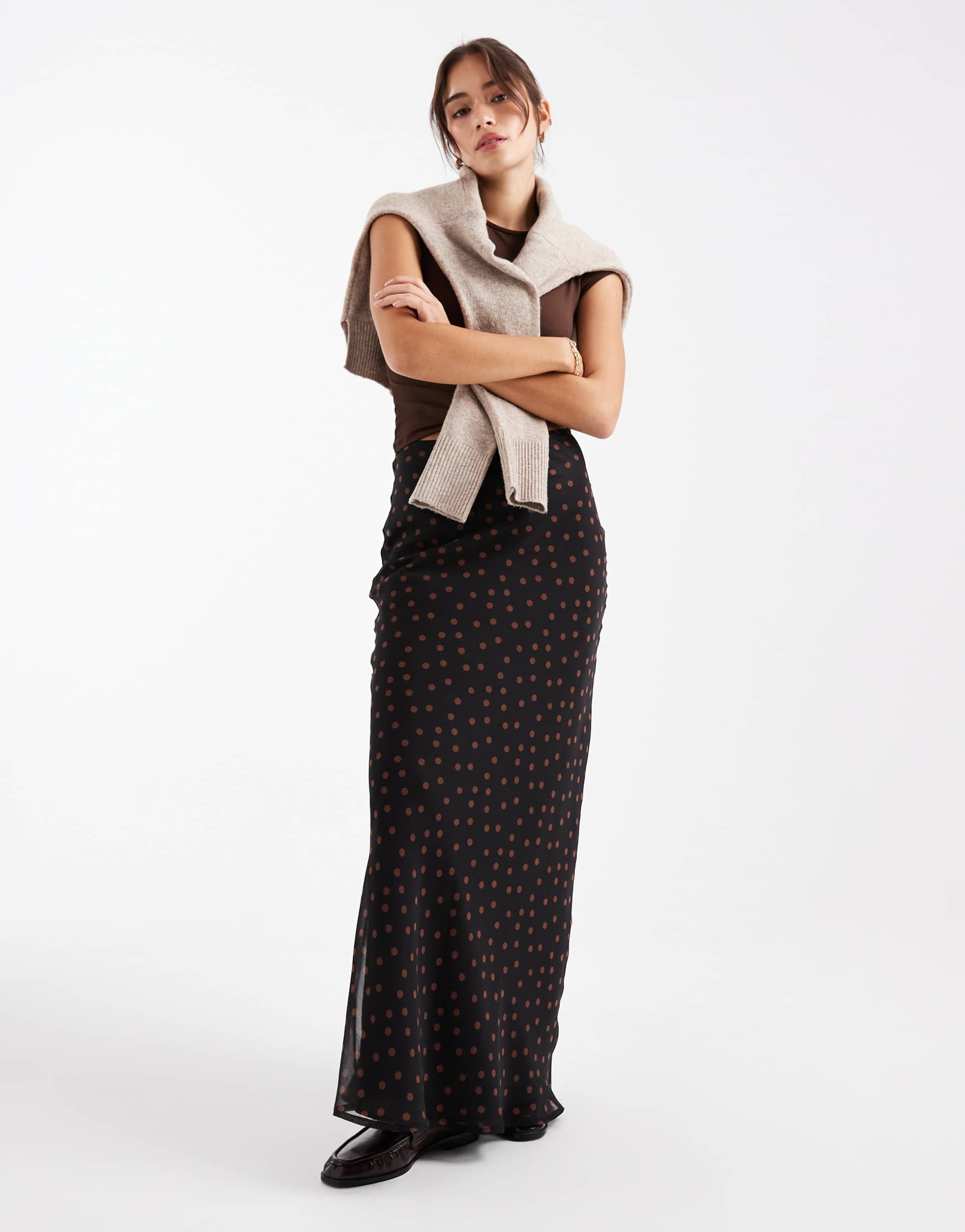 asos design chiffon bias cut maxi skirt in brown polka dots