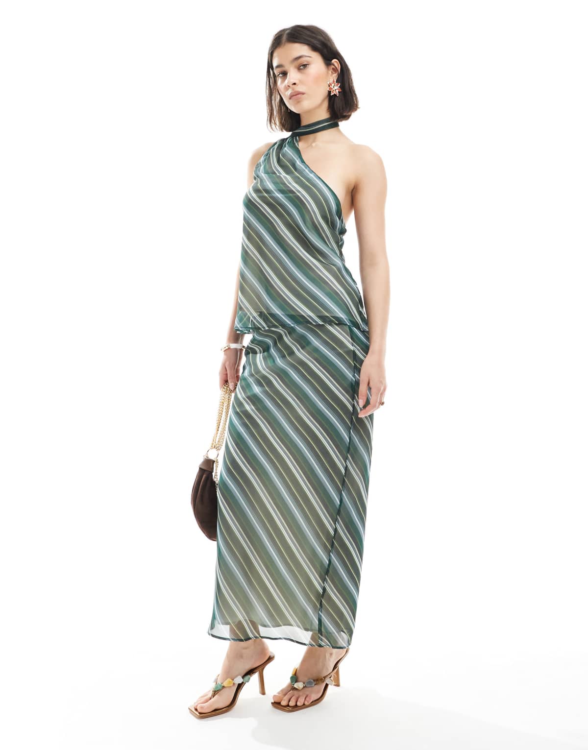 ASOS DESIGN chiffon bias cut maxi skirt in green stripe