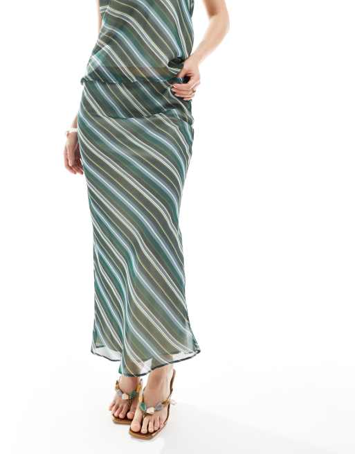 ASOS DESIGN chiffon bias cut maxi skirt in green stripe