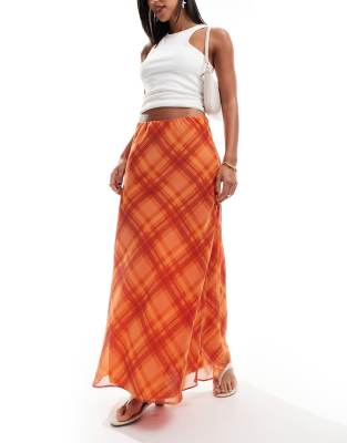 Asos Design Chiffon Bias Cut Maxi Skirt In Orange Pop Check