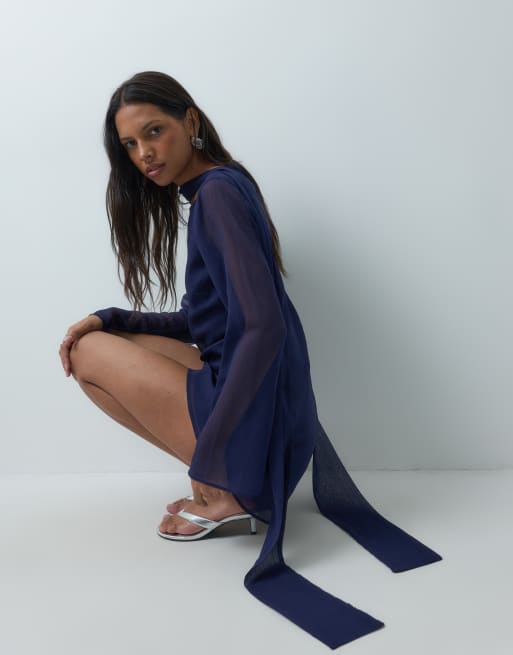 ASOS DESIGN chiffon bias cut mini dress with matching scarf in navy, 2 of 4