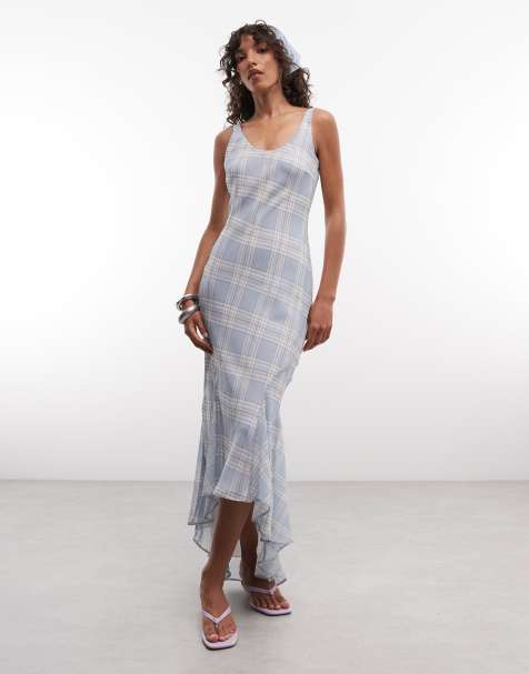 ASOS DESIGN chiffon bias godet maxi jurk met blauwe ruit - view 1
