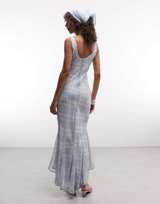 ASOS DESIGN chiffon bias godet maxi jurk met blauwe ruit, 4 van 4
