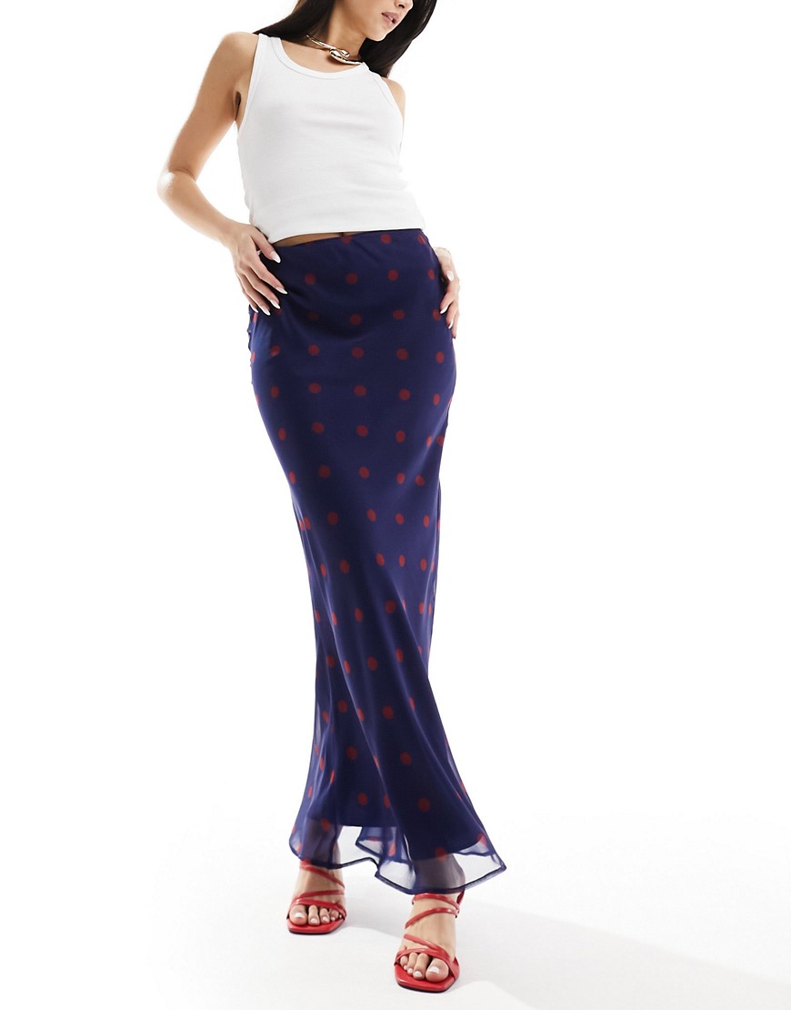 Asos Design Chiffon Bias Maxi Skirt In Blue And Red Spot-multi