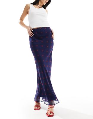 asos design chiffon bias maxi skirt in blue and red spot