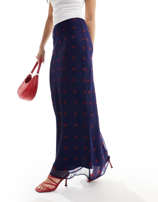 ASOS DESIGN chiffon bias maxi skirt in blue and red spot