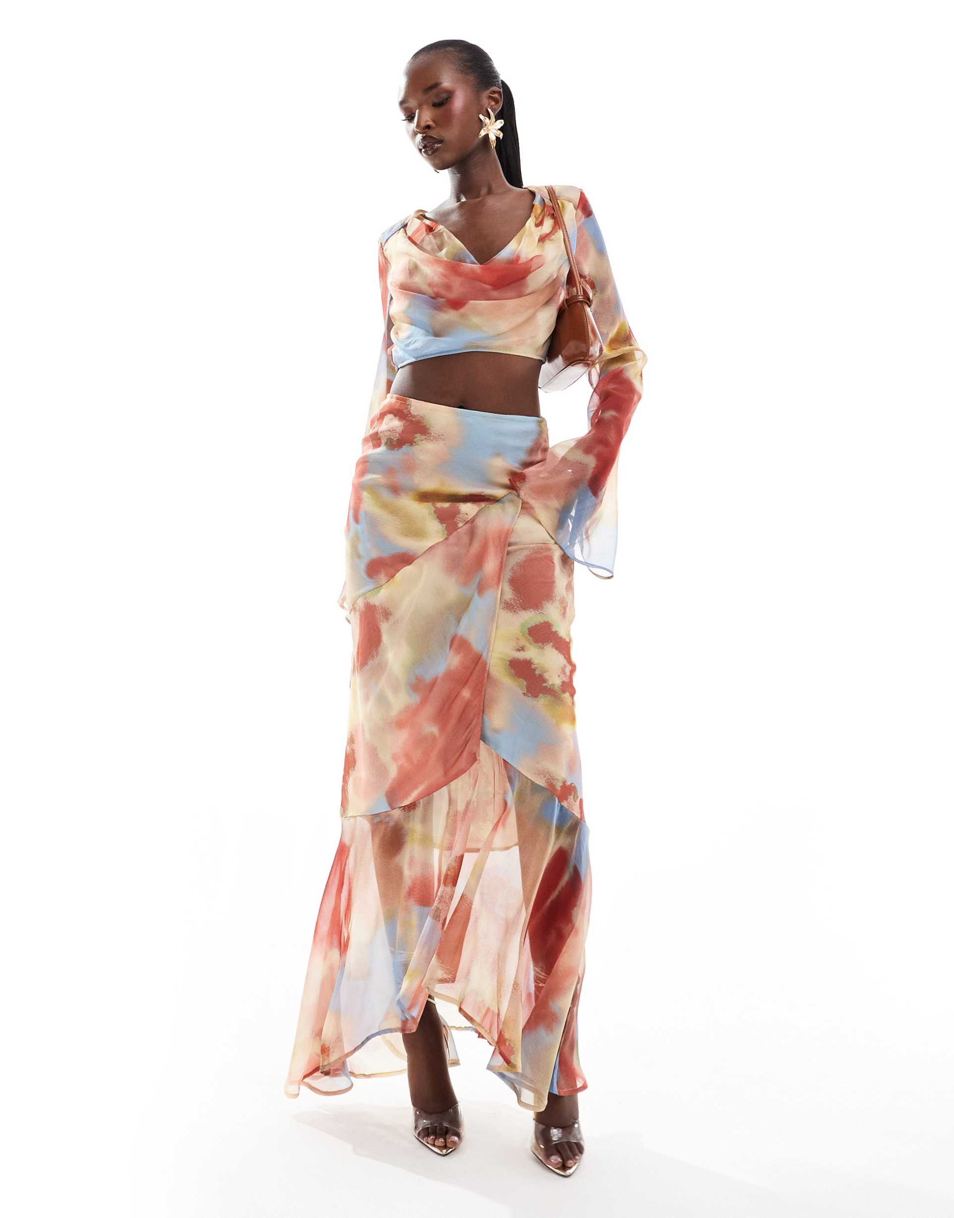 asos design chiffon bias maxi skirt in blurred print - part of a set