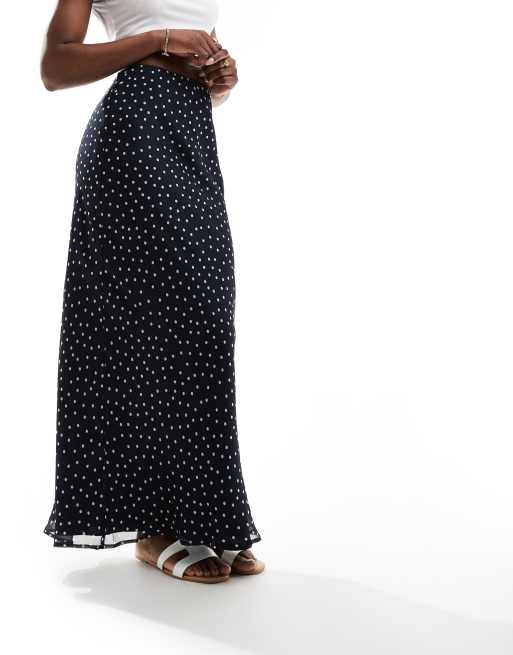 ASOS DESIGN chiffon bias maxi skirt in navy and white spot