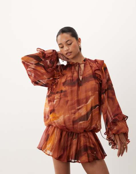 ASOS DESIGN chiffon blouson mini dress with ruffle shoulder detail in rust abstract print - view 1