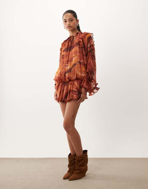 ASOS DESIGN chiffon blouson mini dress with ruffle shoulder detail in rust abstract print, 2 of 4