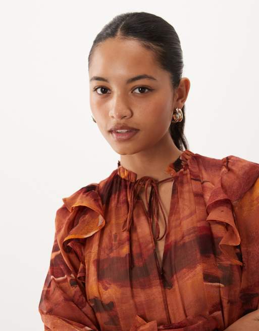 ASOS DESIGN chiffon blouson mini dress with ruffle shoulder detail in rust abstract print, 3 of 4