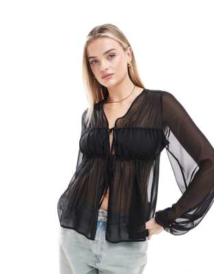 ASOS DESIGN - Chiffon-Bluse in Schwarz mit Schnürung vorn