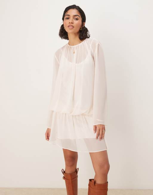 ASOS DESIGN chiffon boho blouson mini dress in cream, 2 of 4