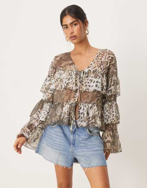 ASOS DESIGN chiffon boho ruffle blouse in animal print - view 1