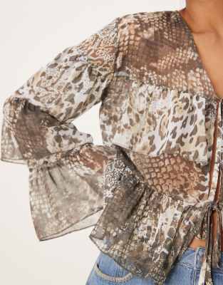 Asos Design Chiffon Boho Ruffle Blouse In Brown