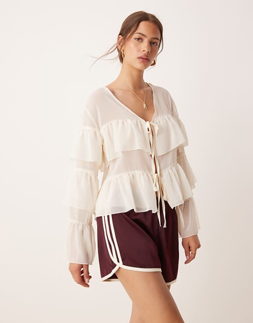 Striped V-neck Flare sleeve Single-breasted Chiffon Shirt Striped V-neck Flare sleeve Single-breasted Chiffon Shirt