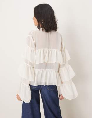 Asos Design Chiffon Boho Ruffle Blouse In White