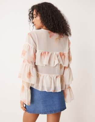 Asos Design Chiffon Boho Ruffle Blouse In Pink