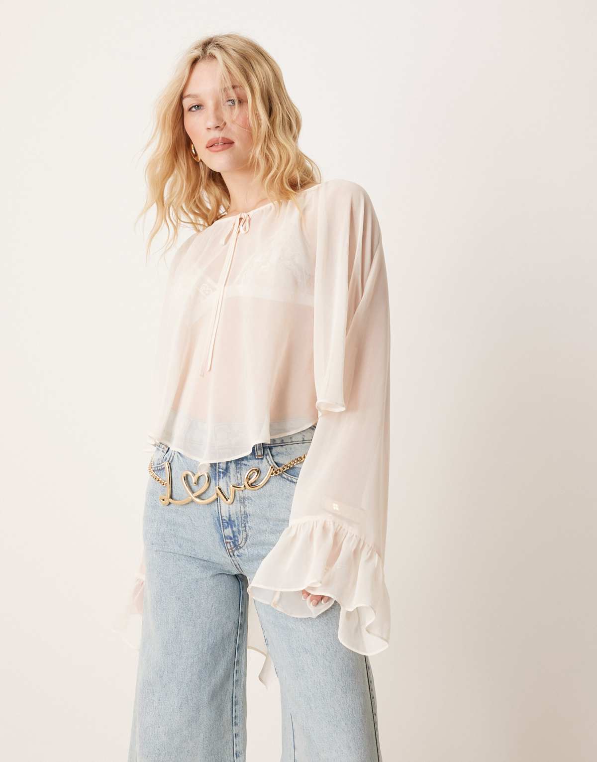 ASOS DESIGN chiffon boho volume hem gathered blouse in cream