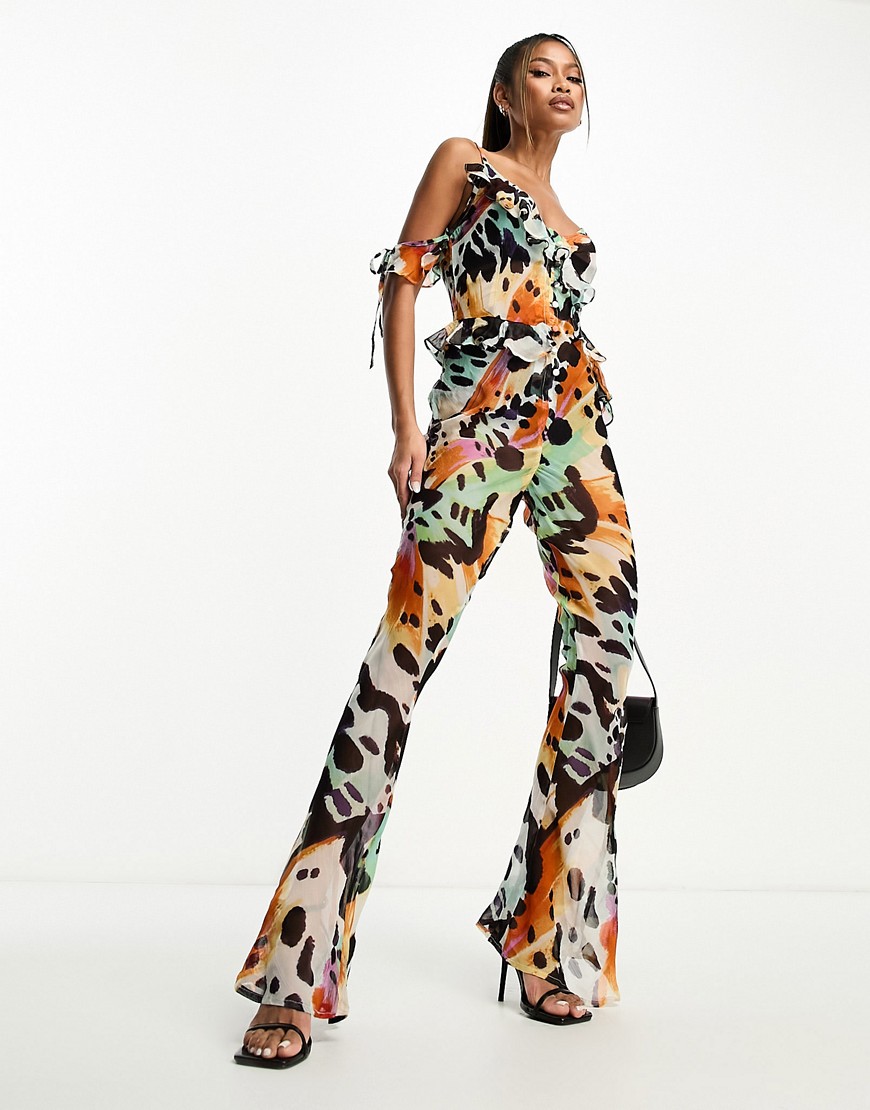 ASOS DESIGN chiffon button front jumpsuit in butterfly print-Multi