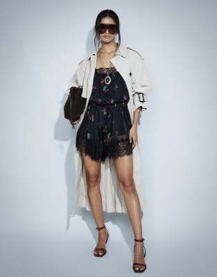 Asos Design Chiffon Cami Romper With Lace Trim In Multi