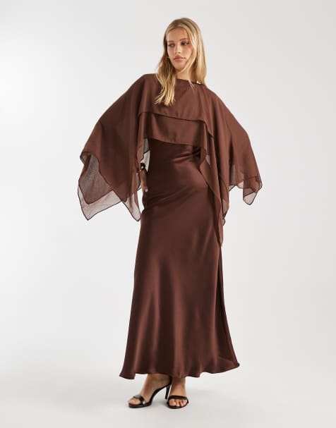 ASOS DESIGN chiffon cape detail maxi dress in chocolate - view 1