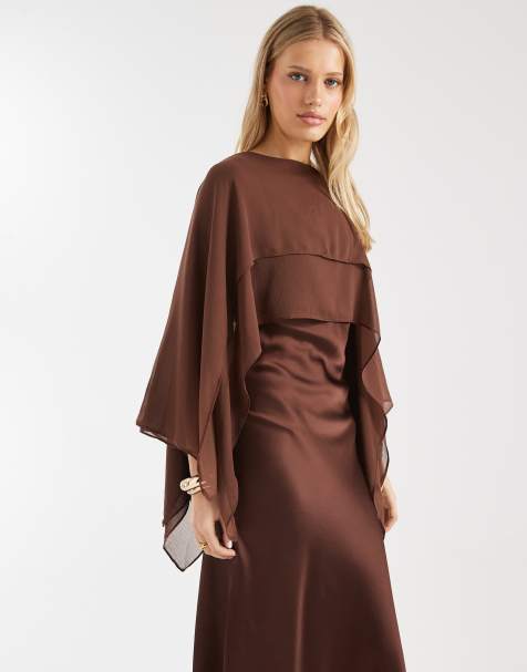 ASOS DESIGN chiffon cape detail maxi dress in chocolate - view 1