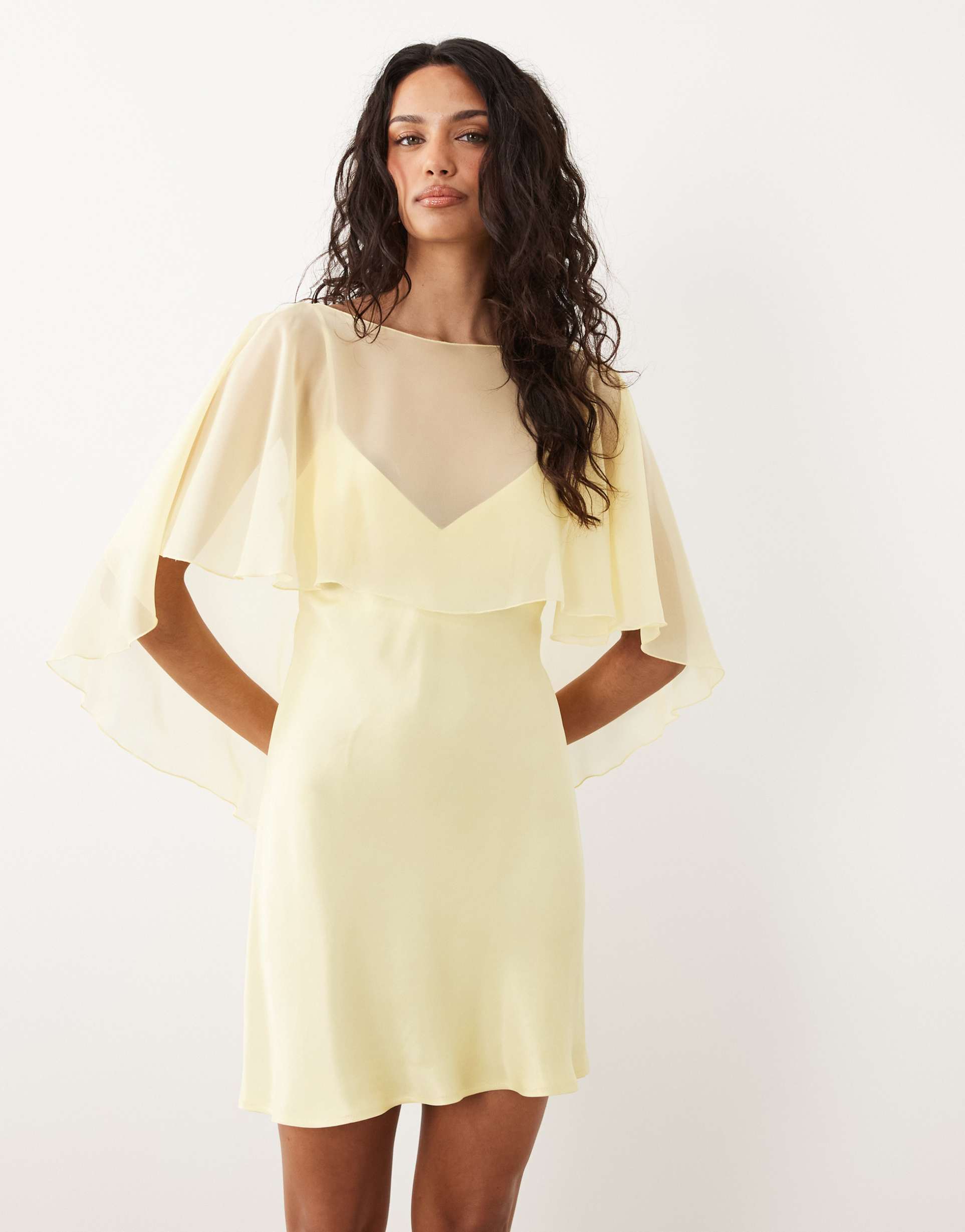 asos design chiffon cape layer satin mini dress in buttermilk