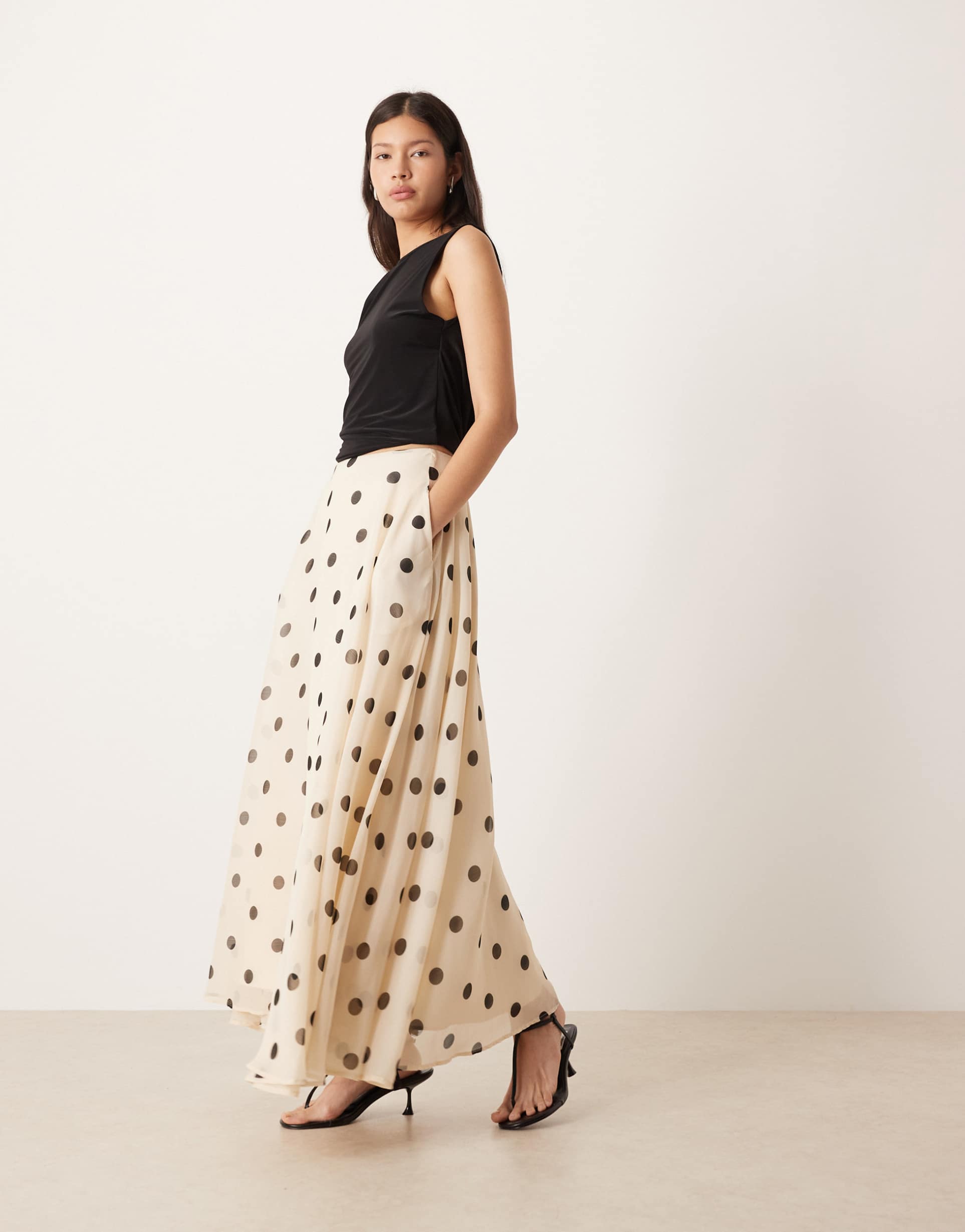 asos design chiffon circle maxi skirt in cream polka dot