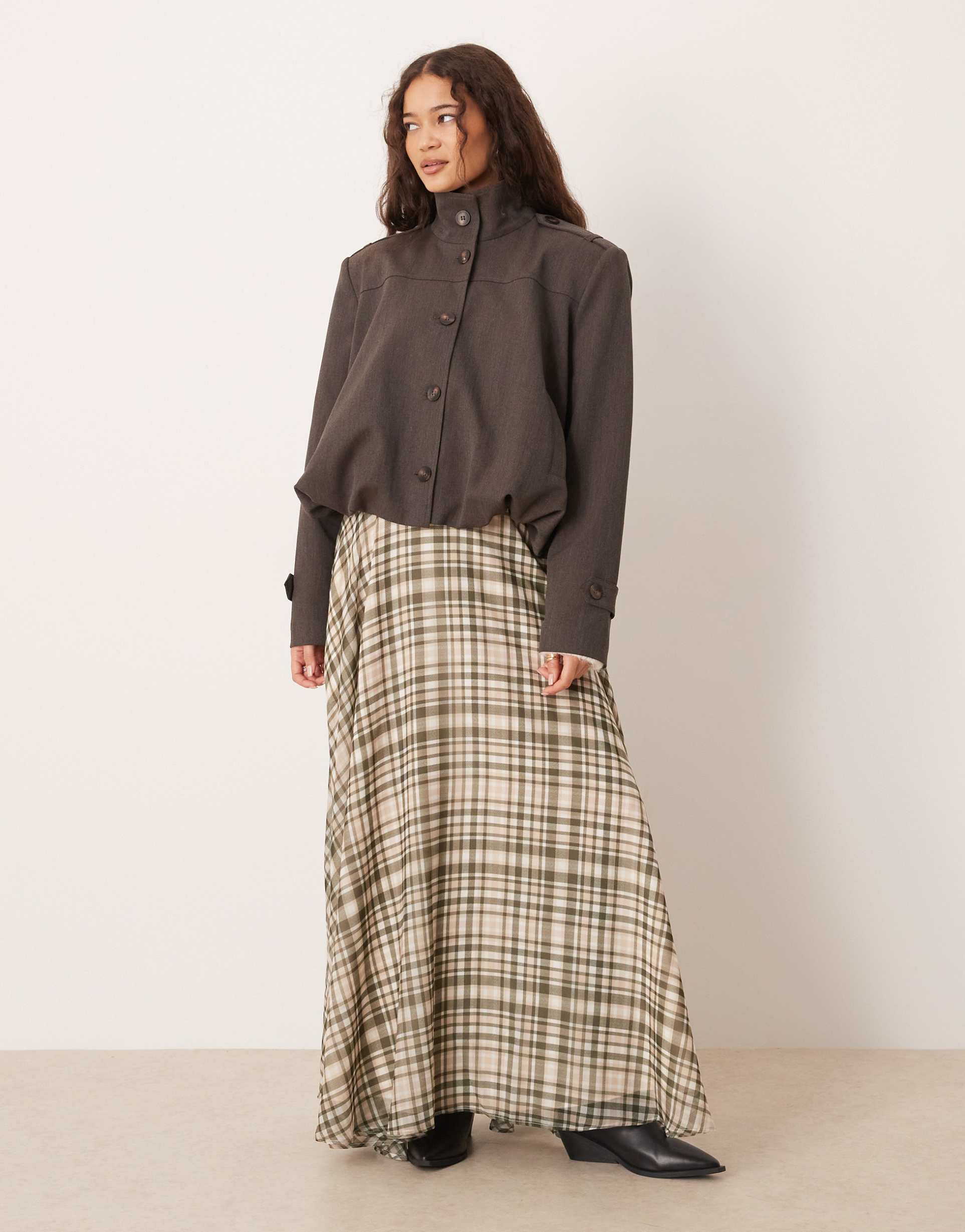 asos design chiffon circle maxi skirt in plaid