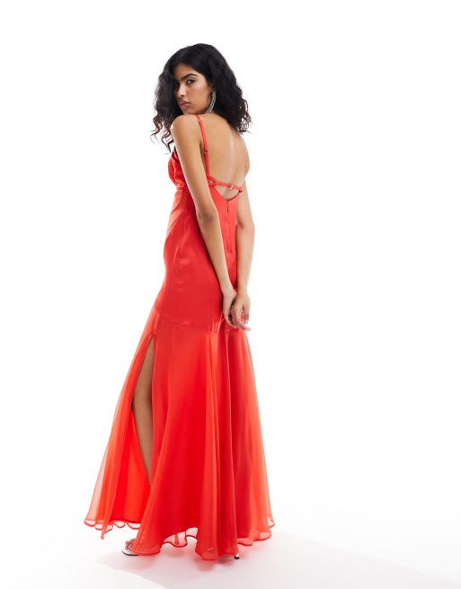 ASOS Design Chiffon Corset Detail Satin Bias Maxi Dress with Cut Out in red Multi