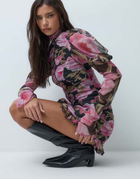ASOS DESIGN chiffon corset mini dress with flared puff sleeves in dark based floral print - view 1