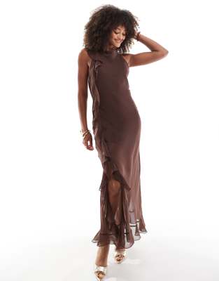 Asos Design Chiffon Cowl Back Ruffle Maxi Dress In Choc-brown
