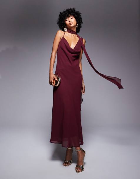 ASOS DESIGN chiffon cowl maxi dress with scarf detail in burgundy - view 1