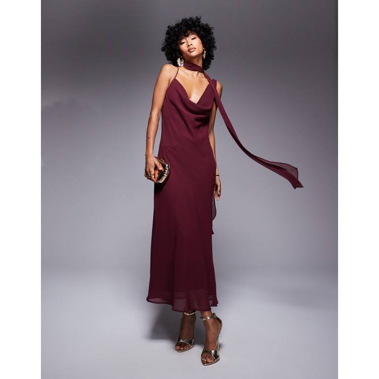 ASOS DESIGN chiffon cowl maxi dress with scarf detail in burgundy | ASOS