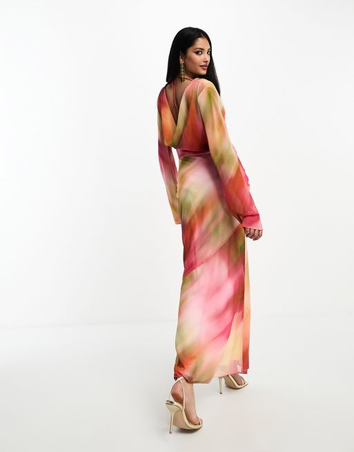 ASOS EDITION cowl neck sheer draped maxi dress in soft marble print, ASOS