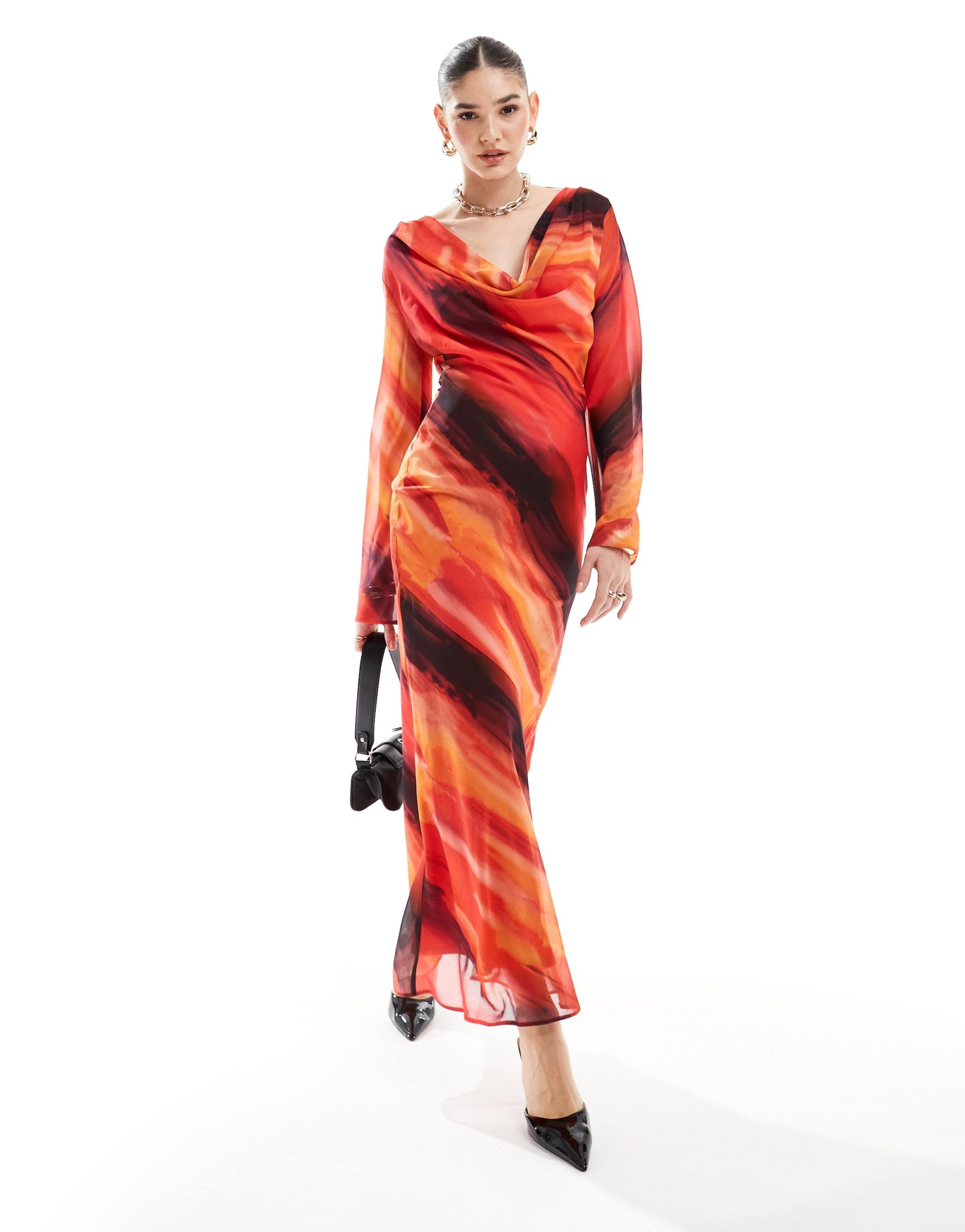 asos design chiffon cowl neck maxi dress in red abstract print