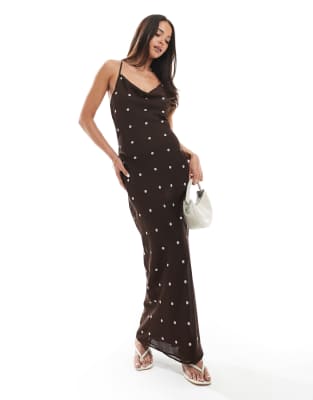 ASOS DESIGN chiffon cowl neck maxi slip dress in chocolate polka dot - view 1