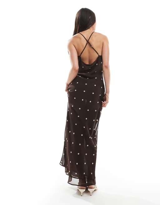ASOS DESIGN chiffon cowl neck maxi slip dress in chocolate polka dot, 2 of 4