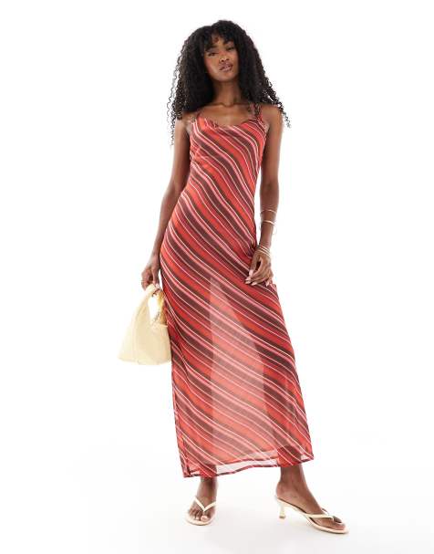 ASOS DESIGN chiffon cowl neck maxi slip dress in maroon stripe - view 1